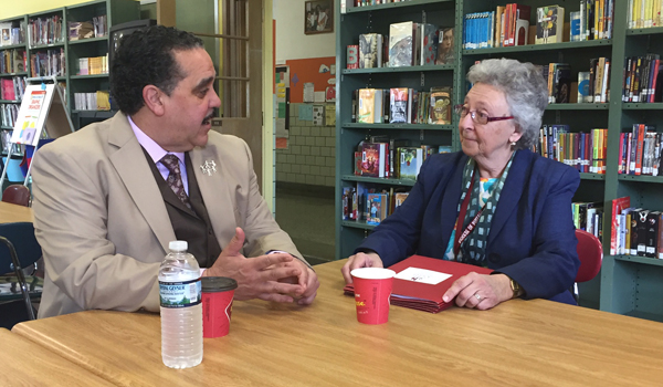 Dr. Kriner Cash, superintendent of Buffalo Public Schools, talks with Sr. Carol Cimino, SSJ, superintendent of Catholic Schools before a tour of Catholic Academy of West Buffalo. 