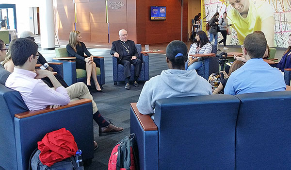 The bishop answers Canisius College students' questions on a new program, `Campus Chat with Bishop Richard J. Malone.`(Courtesy of Daybreak TV Productions)