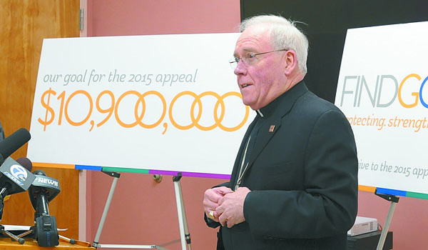 Bishop Richard J. Malone speaks at the announcement of the 2015 Catholic Charities Appeal in January. (Patrick McPartland/Staff Photographer)