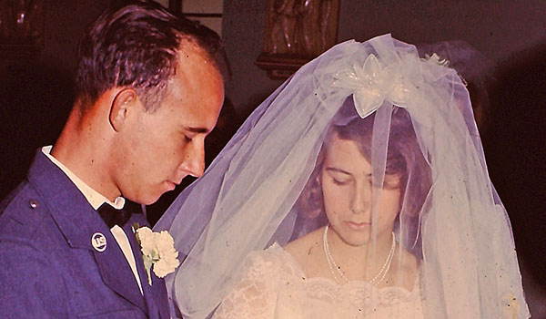 Desider and Dorothy Simcoe exchange marriage vows on Sept. 10, 1966. The Simcoe wedding was Father David Griffin's first as a newly ordained priest. The Simcoes and Father Griffin commemorated the couple's golden anniversary together 50 years later. (Courtesy of Desider and Dorothy Simcoe)