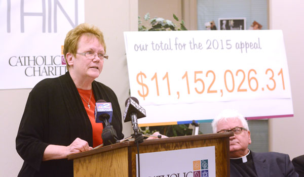 Sister Mary McCarrick, OSF, diocesan director of Catholic Charities announces that they have raised $11,152,026.31 for the 2015 Appeal, exceeding their goal of $10.9 million.
(Patrick McPartland/Staff Photographer)