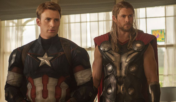 Captain America (Chris Evans) and Thor (Chris Hemsworth) get the band back together in `Avengers: Age of Ultron.` (Credit: Marvel.com)