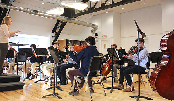 Orchestra/band rehearsal space with acoustic ceiling tiles on the third floor of the Canisius High School Center for the Arts that opened for students in January. (Ginger Geoffery)