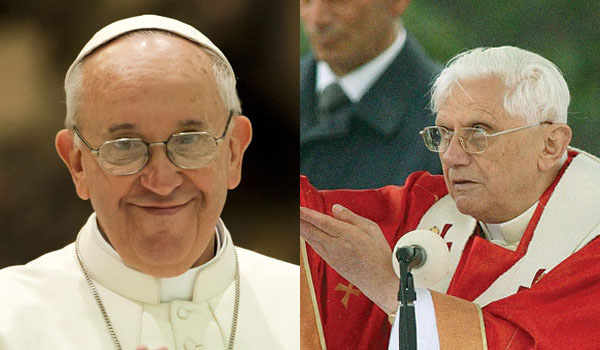Pope Francis (left) listened as Benedict XVI delivered a rare public speech Tuesday. (File Photos)