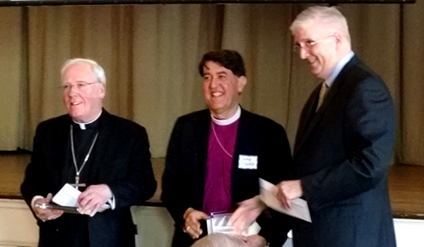 Bishop Richard J. Malone (from left) and Bishop R. William Franklin received an award from New York State Council of Churches Executive Director Peter Cook Thursday afternoon. (Photo by Vicki Zust)