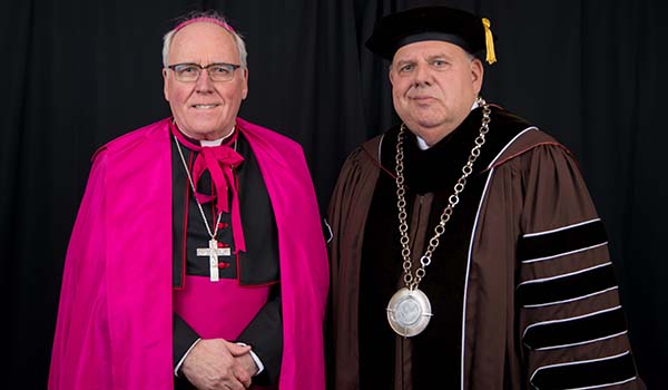 Bishop Richard J. Malone (left) celebrated the Inaugural Mass of Buffalo native Dr. Dennis R. DePerro as the new president of St. Bonaventure University. (Photo courtesy of SBU) 