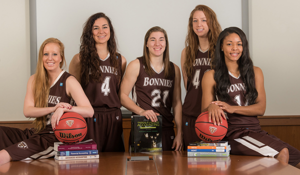 Five members of the St. Bonaventure women's basketball team are either graduate students or taking graduate courses. From left: Emily Michael, Kelcie Rombach, Nyla Rueter, Katie Healy and Gabby Richmond. (Courtesy of St. Bonaventure University)