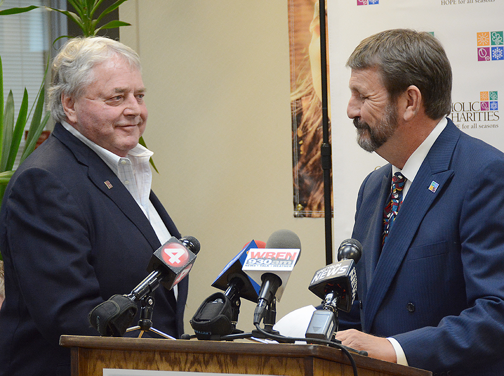 Dan Cappellazzo/Staff Photographer
With just over two weeks to go in the 2019 Appeal, Catholic Charities President and CEO Dennis C. Walczyk, recognized Charlie Joyce, of Wellsville, as the largest single donation in the 95-year history of the Appeal during a morning press conference. Joyce donated $350,000. In addition, Catholic Charities will provide an Appeal update and current total as it strives to meet its $11 million goal.  