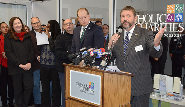 Catholic Charities CEO Dennis Walczyk speaks to the press during the grand opening of the new workforce headquarters at 1001 E. Delavan Avenue. (Dan Cappellazzo/Staff Photographer)