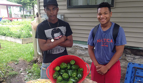 Students from Catholic Charities Workforce program George Sanders (left) and Donnez Mobley show off some of the vegetables that have grown at the Queen City Farm in the City of Buffalo. (Courtesy of Catholic Charities)