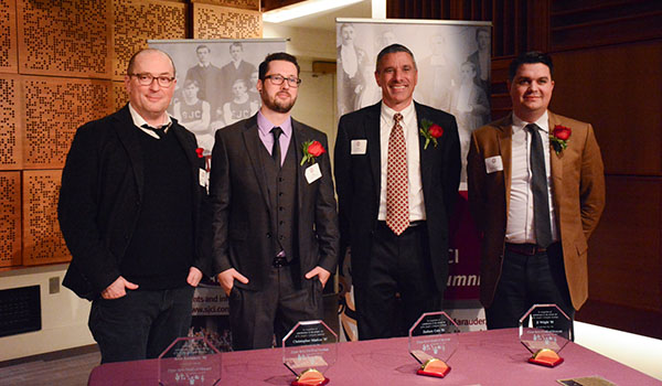 Four St. Joseph's Collegiate Institute alumni who made their marks on the world were honored by the private school with inductions into the SJCI Fine Arts Wall of Honor during a ceremony at Buffalo State College Dec. 13.
This year's honorees include Christopher Markus (from left), Zachary Cain, Artie Kwitchoff and JJ Wright. (Patrick McPartland/Managing Editor)