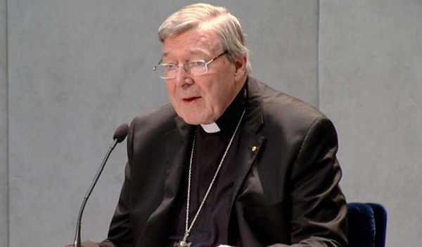 Cardinal Pell speaks with journalists after being charged with sexual abuse June 29, 2017. (Massimiliano Valenti/CNA)