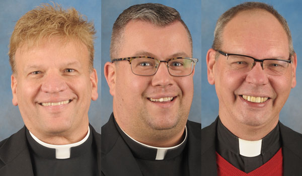 Father Peter Karalus (from left) has been named the new vicar general and moderator of the curia. Father Jeffrey Nowak and Father Robert Zilliox also received new assignments.