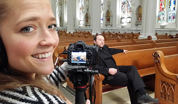 Ashley Czarnota works on the web series `In a Word` with Father David Richards for Daybreak TV Productions.