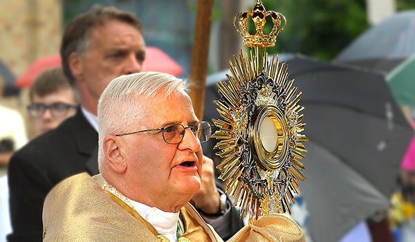 Auxiliary Bishop Edward Grosz carries the monstrance, which holds the Eucharist, from the steps of St. Stanislaus Church as he proceeds to four outdoor altars, ending at Corpus Christi Church during the annual Feast of Corpus Christi in Buffalo's Broadway-Fillmore district. (Dan Cappellazzo/Staff Photographer)