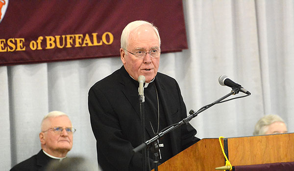 Bishop Richard J. Malone speaks with the media about the ongoing crisis in the Diocese of Buffalo. (Patrick McPartland/Staff Photographer)