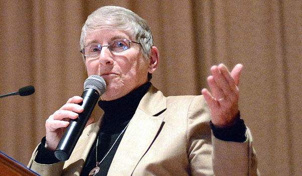 Sister Margaret Carney, OSF, talks about St. Francis and Pope Francis and their influence on the Church during the Day of Reflection for Catholic Center employees at Christ the King Seminary. (Patrick McPartland/Staff Photographer)