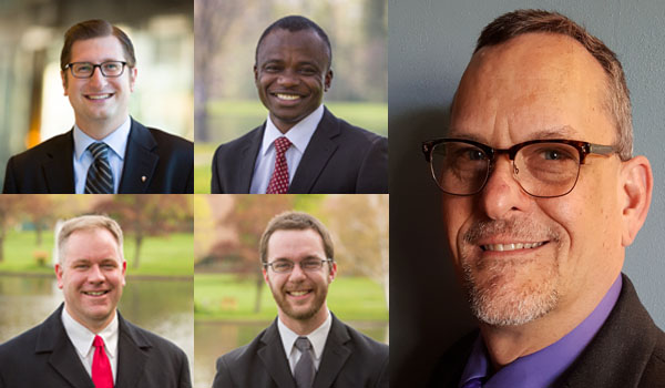 John Steiner Jr. (far right) will be ordained a permanent deacon, while Cole Webster (clockwise from top left), Robert Agbo, Luke Uebler and Martin Gallagher will be named transitional deacons. 
