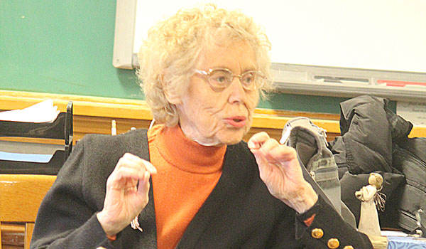 Sofia Vetter, a Holocaust survivor and member of the Buffalo Holocaust Resource Center of Buffalo, speaks to the class at Mount Mercy Academy. (Courtesy of Mount Mercy Academy)