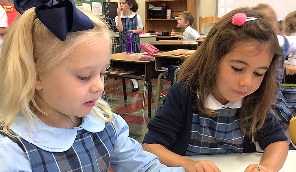 After studying ants, students at St. John the Baptist School in Kenmore create `ants on a log` using celery sticks, bananas, peanut butter and chocolate chips for ants. The activity links their snack time to learning in a fun and creative way. 