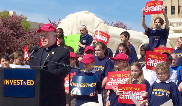 Bishop Richard J. Malone speaks at a 2014 rally for the Education Investment Tax Credit in Niagara Square in downtown Buffalo.