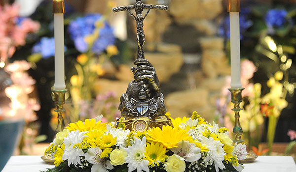 The relic of St. John Paul II as it sits in front of the altar at St. John Paul II Parish. (Dan Cappellazzo/Staff Photographer)
