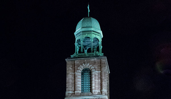 The St. Michael Church Bell Tower lights up the downtown skyline as the lights are officially turned on January 6, 2018. (Patrick McPartland/Managing Editor)