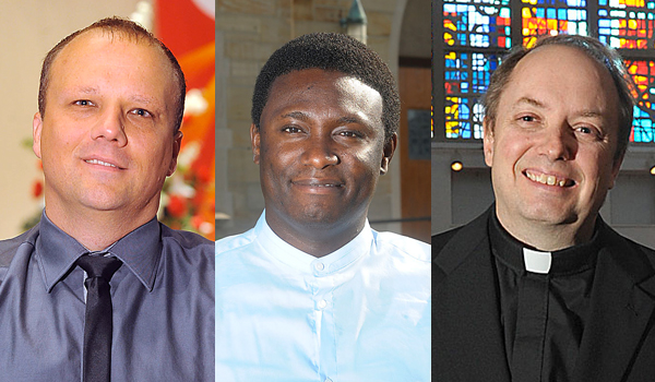 Deacon Lukasz Kopala (from left), Deacon Daniel Ehijiator Ogbeifun and Deacon Thomas Michael Mahoney will be ordained to the priesthood by Bishop Richard J. Malone Saturday morning. (Office of Communications)