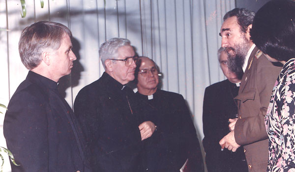 Msgr. David Gallivan (left) meets President Fidel Castro on Jan. 25, 1985. It was the first meeting between Castro and U.S. bishops since the Cuban Revolution of the 1950s. (Courtesy of Msgr. David Gallivan)