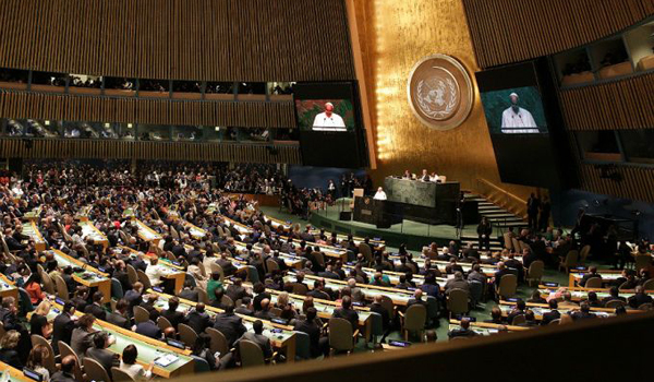 Pope Francis' historic address to the U.N. in New York City on Sept. 25, 2015. (Alan Holdren/CNA)