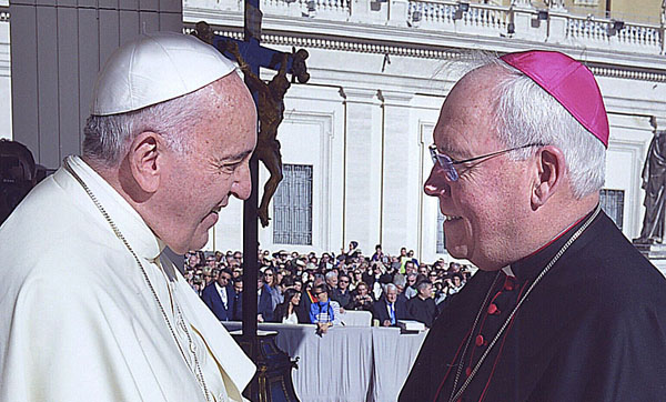 Bishop Richard J. Malone is greeted by Pope Francis at the Vatican for the International Colloquium: `The Complementarity of Man and Woman.` (Servizio Fotografico de `L'O.R.`)