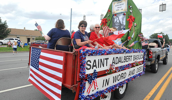 St. Adalbert Church, Buffalo, celebrates in the Pulaski Day Parade, Cheektowaga, with a float and marchers. (Patrick McPartland/Managing Editor)