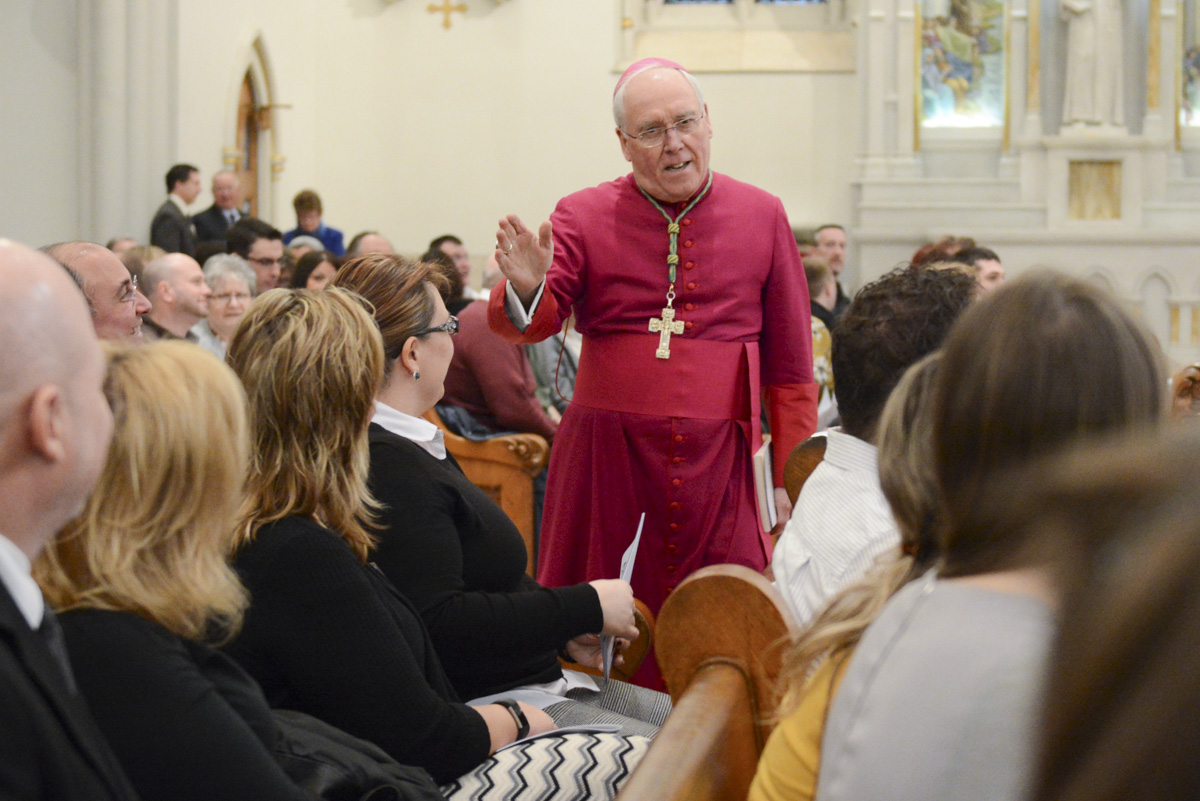 Bishop Richard J. Malone greets those gathered for the Rite of Election and Call to Continuing Conversion at St. Joseph Cathedral. (Patrick McPartland/Managing Editor)
