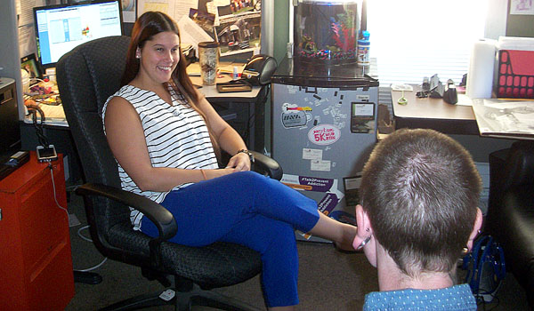 Kelly Andol, LMHC, a counselor for the Chemical Dependency Treatment Program at the Monsignor Carr Institute in Buffalo, meets with Alex, one of her patients. (Kimberlee Sabshin/Staff)