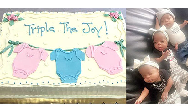 A cake was offered during a baby shower to celebrate the birth of three unnamed triplets. The shower was sponsored by the St. Gianna Molla Pregnancy Outreach Center and held at St. Vincent Parish in Springbrook. (Courtesy of Suzanne Lazarra)