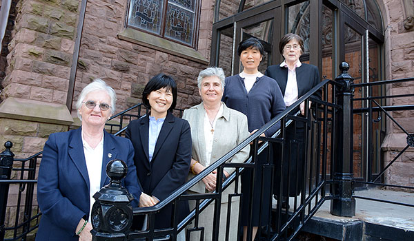 The leadership team for the Missionary Sisters of St. Columban includes Sister Rebecca Conlon, SSC (from left), Sister Angela Yoon, SSC, Sister Kathleen Geaney, SSC, Sister Susanna Choi, SSC, and Sister Corona Colleary, SSC. (Patrick McPartland/Managing Editor)