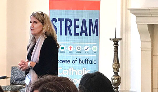 Jean Comer, STREAM coordinator for Catholic Schools, gives a presentation at the STREAM Conference at Loyola University. (Photo courtesy of Department of Catholic Schools)