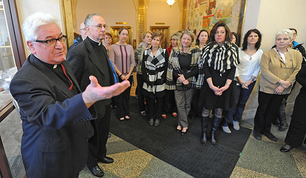 Vicar General and Moderator of the Curia, Msgr. David Slubecky speaks during the grand re-opening of the Catholic Union Store at the Catholic Center. (WNYC File Photo)