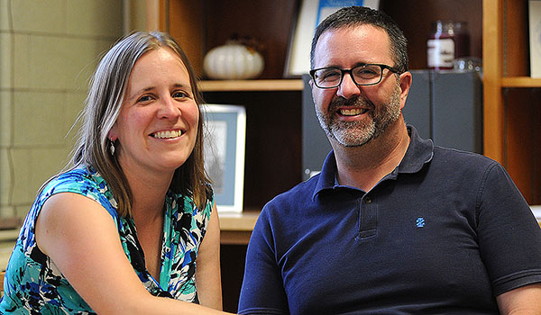Mount St. Mary's new principal Katherine Spillman shares a light-hearted moment with her husband, James Spillman, the new principal of St. Joseph's Collegiate Academy, during an interview at the Mount. (Dan Cappellazzo/Staff Photographer)