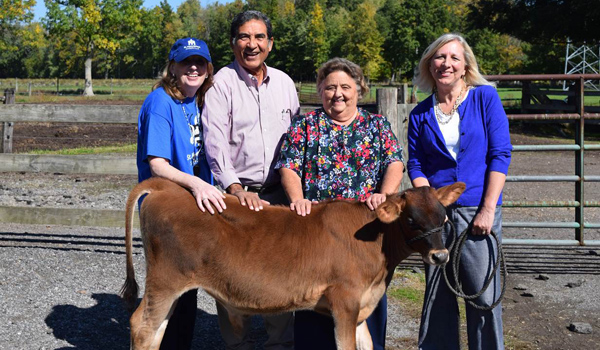 From left: Mary Jo Aiken, principal, St. Mary School, Fr. Alfonso Alvarado, priest from Nicaragua, Anne Marie Zon, director of Nicaragua mission and Karen Smaczniak, director, St. Mary Family Faith Formation, visit a cow at Kelkenberg Farms in Clarence.  Similar dairy cows will be purchased for families in the Nicaragua mission with money raised through a St. Mary's recycling drive.

