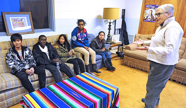 Sister Susan Bowles, SSMN, speaks to area teens at O'Brien Hall on the corner of Lafayette and Grant streets as part of the VOICE-Buffalo program. The program teaches teens about the Bible and eventually prepares them for confirmation. (Dan Cappellazzo/Staff Photographer)