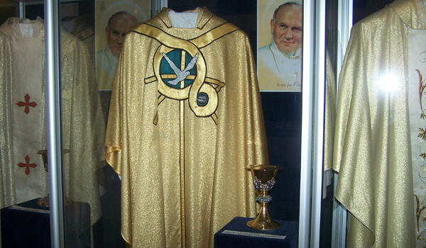 The chasuble and chalice used by St. John Paul II during the original World Youth Day in Czestochowa. A group of pilgrims from Buffalo visited the Jasna Góra Monastery where the St. John Paul II items are displayed. (Patrick J. Buechi/Staff)