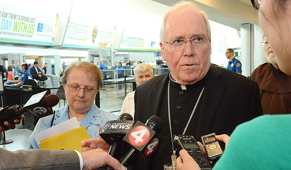 Bishop Richard J. Malone addresses the media about Pope Francis encyclical about the environment. The bishop was joined by other religious in their call to protect the environment. (Patrick McPartland/Staff Photographer)