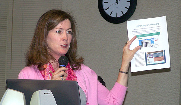 Loretta Fleming, from the National Committee for Human Life Amendment, speaks to respect life coordinators from across the diocese about three important bills currently active in the Senate and House of Representatives. Fleming, from Washington, D.C., delivered the keynote address at the annual in-service sponsored by the diocesan Office of Pro-Life Activities. (Patrick J. Buechi/Staff)