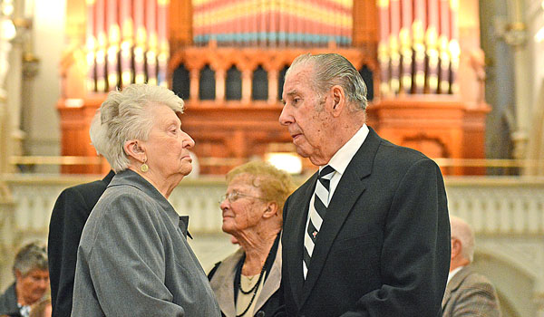 Jean and Donald Brenner renew their marriage vows at St. Joseph Cathedral during the wedding anniversary celebration Mass sponsored by the Office of Family Life Ministries. The Brenner's are celebrating 70 years of married life together. (Patrick McPartland/Managing Editor)