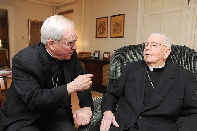 Bishop Richard J. Malone stops in to visit Auxiliary Bishop Emeritus Bernard McLaughlin at Bishop McLaughlin's home on Aug. 6, 2012.