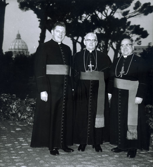 Bishop McLaughlin (center) with Bishop Pius Benincasa (right), and an unidentified priest outside the Vatican in Rome. Copyright Vatican