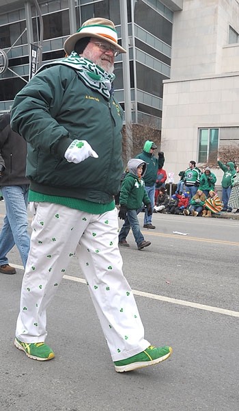 St. Teresa Holy Name member Mike Reilly really shows his Irish pride with shamrock pants as he walks with other Holy Name members at the annual St. Patrick's Day Parade up Delaware Avenue in the City of Buffalo.
(Patrick McPartland/Staff Photographer)