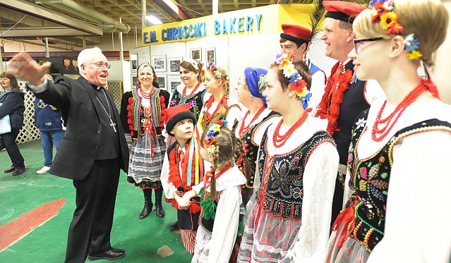 Bishop Richard J. Malone greets the Harmony Polish Folk Ensemble at the Broadway Market. The bishop was on hand to help start the Easter season at The Broadway Market in Buffalo.
(Patrick McPartland/Staff Photographer)