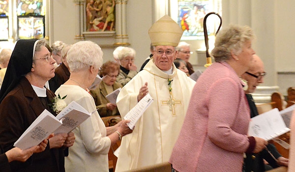 As he enters the cathedral, Bishop Richard J. Malone blesses the religious women and men celebrating their jubilees in 2015 at St. Joseph Cathedral.
(Patrick McPartland/Staff Photographer)